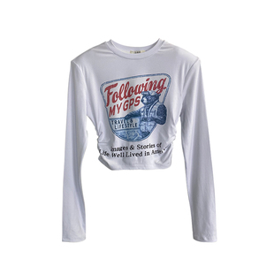 纯棉长袖t恤女春秋内搭打底衫辣妹风美式洋气卡腰短款垫肩上衣潮