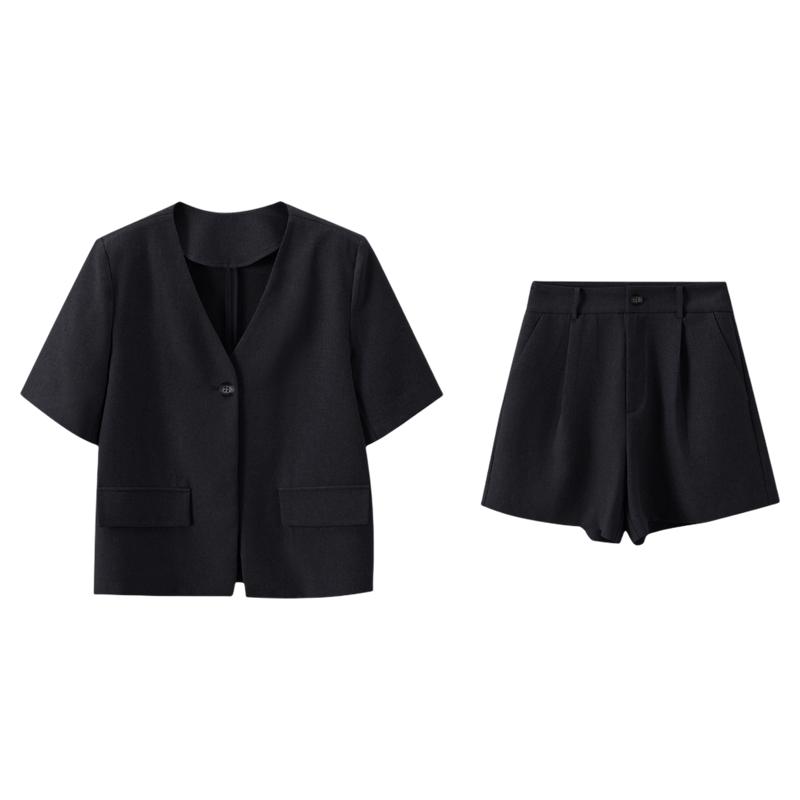 Basic House/百家好黑色休闲套装女夏季心灵短外套直筒短裤两件套