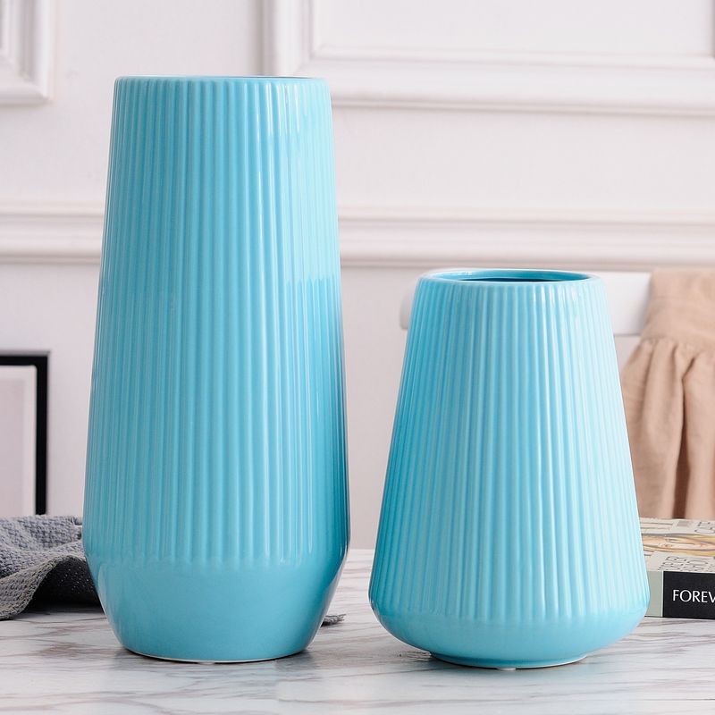 简约现代中温釉面白灰花工艺品摆件花瓶插花陶瓷器三件套蓝色粉