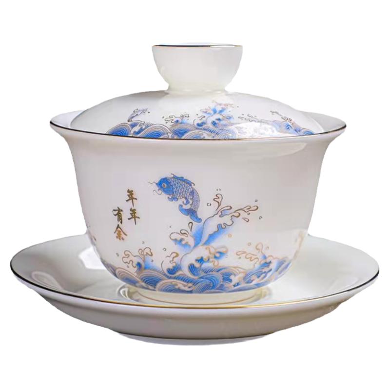 羊脂玉瓷青花瓷茶具大号盖碗