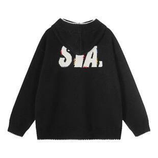 STA美式嘻哈风连帽针织衫男黑色毛衣套头纽扣帽衫潮牌宽松上衣