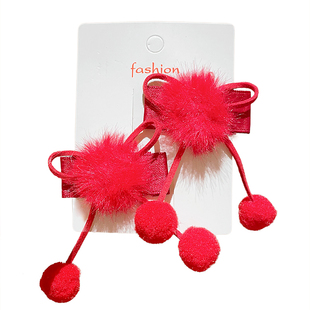 儿童红色毛绒球球蝴蝶结发夹女童新年喜庆头饰宝宝可爱侧边碎发夹