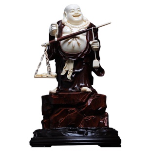 印度小叶紫檀镶嵌猛犸牙雕摆件称心如意弥勒佛玄关条案复古工艺品