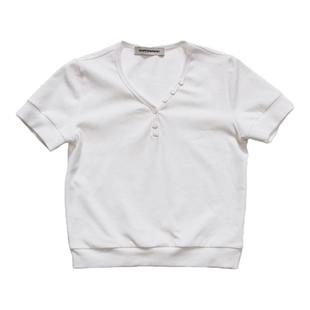 CountryMoment 260G重磅修身复古亨利领短袖女夏正肩V领T恤短上衣