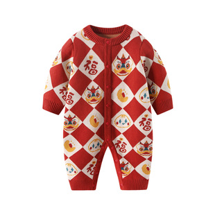 婴儿过年喜庆衣服冬装连体衣男宝宝加绒加厚红色满月拜年服秋冬款
