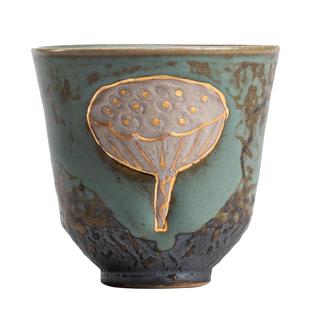 蕴华堂 莲蓬浮雕品茗杯 手工描金仿古茶杯窑变粗陶新中式小号单杯