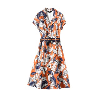 M2女装品牌折扣连衣裙女夏季短袖显瘦遮肚洋气印花修身大码中长款