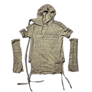 CHAUNK先锋沙丘废土风连帽披挂蜡染洗水做旧连帽解构袖套短袖T恤