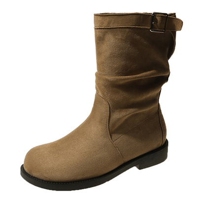 褶皱百搭堆堆绒面低跟小短靴复古