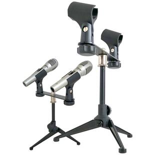 锥型夹多头麦克风架 双头左右平衡话筒架 黑色加厚一托二咪头支架