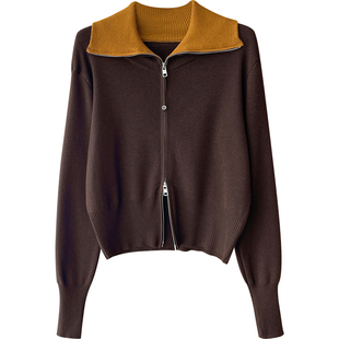 日韩系复古双拉链羊绒针织开衫女秋冬撞拼色翻领休闲百搭毛衣外套