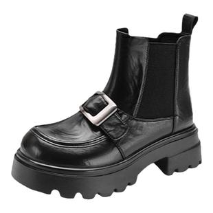 厚底切尔西短靴女款2025新款春夏加绒保暖英伦风方扣乐福鞋马丁靴