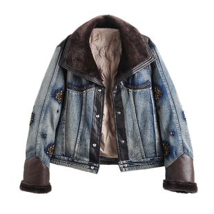 2025秋冬新款洋气时尚钉珠拼皮羽绒内里牛仔外套女保暖夹克上衣潮