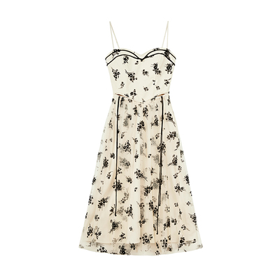 碎花吊带收腰中长款裙子