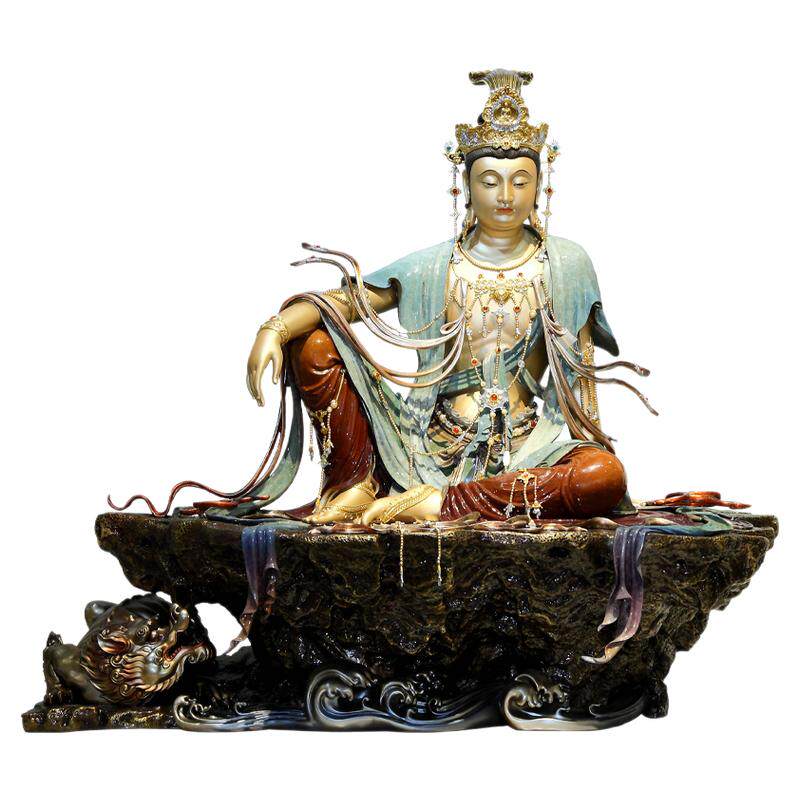 水月台湾自在菩萨童子拜观音摆件