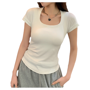 正肩U领短袖白色T恤女带胸垫夏季新款设计感修身打底衫莫代尔上衣