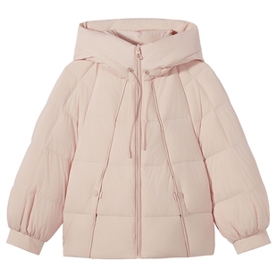 热风女士短款连帽羽绒服2025年冬季新款甜美连帽短款泡芙羽绒服