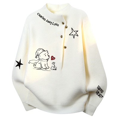 查尔斯桃心卡通童趣针织毛衣男女冬季新款宽松休闲长袖情侣针织衫