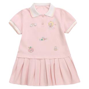 波姆熊女童POLO领套装裙2026夏季短袖公主裙女宝宝休闲裙子粉色