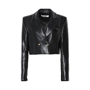 DPLAY秋季新款黑色西装女定制金属扣西装PU短外套皮外套