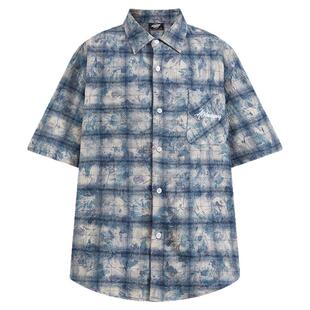 404MOB复古刺绣皱感扎染短袖衬衫男学院风海蓝色格纹夏季开衫外衣
