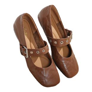 MILLIE'S/妙丽玛丽珍鞋女春季新款芭蕾风浅口单鞋真皮棕色小皮鞋