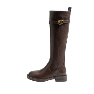 真皮~骄屿秋冬新款皮带扣长筒靴女通勤不过膝骑士靴低跟复古长靴