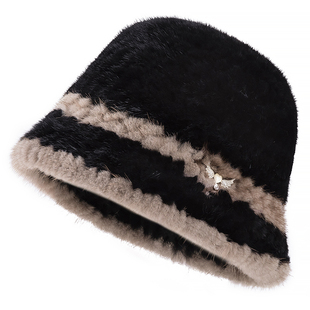 韩版水貂毛编织皮草帽子女士拼色渔夫帽水貂毛皮草礼帽女冬季保暖