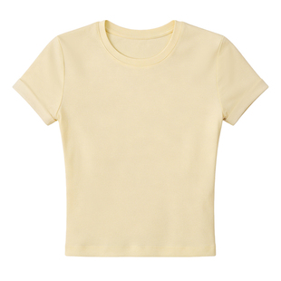 DPLAY美式复古圆领T恤浅黄色短款小衫简约修身辣妹上衣2026年新款