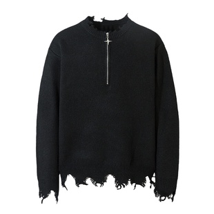 NOONOZ美式vibe高街半拉链破洞毛衣男秋冬嘻哈潮牌情侣宽松针织衫