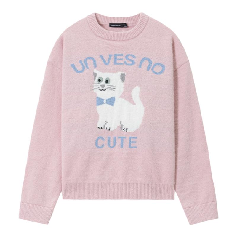 Unvesno(UN) 中古趣味猫咪图案提花羊毛圆领男女款针织衫毛衣