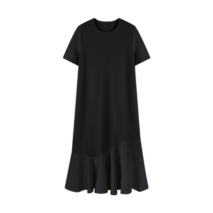 Basic House/百家好不规则拼接连衣裙宽松短袖中长款裙子夏季新款