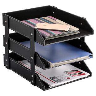 创意皮质桌面文件架资料收纳架A4纸杂志架办公用品多层文件框置物盒文件盘办公室老板桌上文具摆件