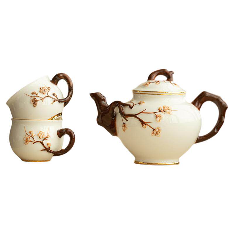 浮雕梅花茶壶一壶两杯功夫茶具