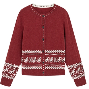 【24支绵羊毛】KBNE红色提花费尔岛针织开衫女2026春季新款羊毛衫