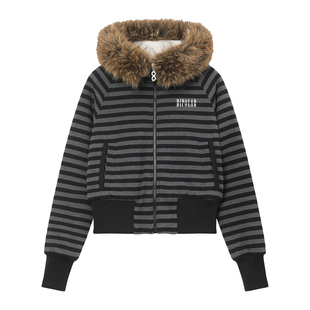 BIPOLAR条纹毛领拉链连帽短款收腰棉服美式街头冬季显瘦保暖外套