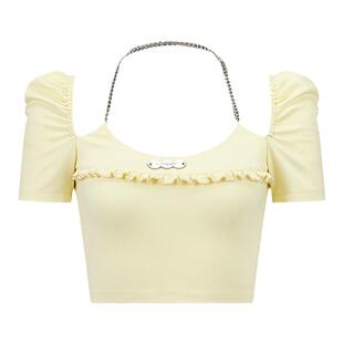 Azepam  夏日清凉舒爽 淡黄色挂脖泡泡袖针织短款上衣