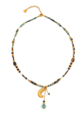 JoJo｜设计师款复古绿松石天然石串珠锁骨链羽毛耳饰秋叶项链