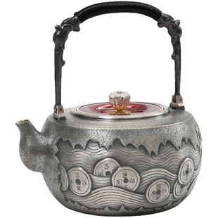 纯银999银壶烧水壶家用煮茶壶纯手工中式茶具茶道银器 财源滚滚