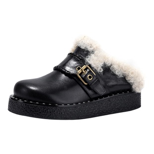 BellaLily2025冬季新款时髦牛皮大头勃肯鞋女加绒羊毛半拖鞋毛鞋