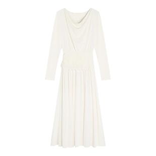 贰羊设计【暖裾】通勤气质荡领长袖连衣裙女垂感奶白色层次感长裙