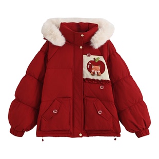 森女部落红色新年圣诞90%白鸭绒羽绒服女冬2026新款保暖连帽外套