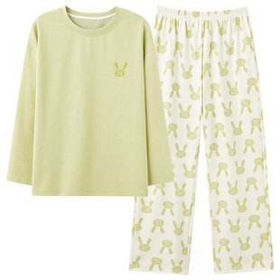 可人儿针织棉睡衣女士春秋季新款长袖圆领休闲少女学生家居服套装