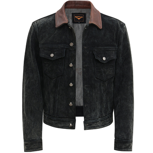 HANMIIS 黄石牛仔皮衣 美式复古真皮外套做旧水洗机车牛皮夹克男