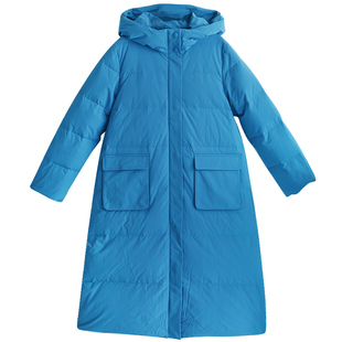 【予你温暖】复古长款连帽羽绒服女士冬季加厚保暖白鸭绒蓝色外套