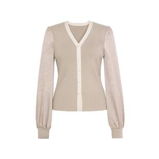 XG雪歌撞色拼接长袖毛针织衫2025春季新款浅黄色通勤简约开衫女装