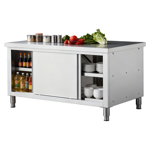 304厨房操作台不锈钢工作台面带拉门案板储物柜切菜桌子商用饭店