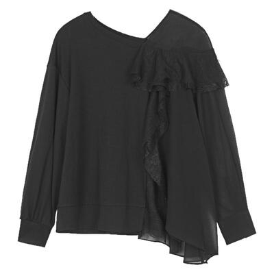 sdeer圣迪奥女装V领蕾丝网纱拼接不规则长袖T恤S221Z0229