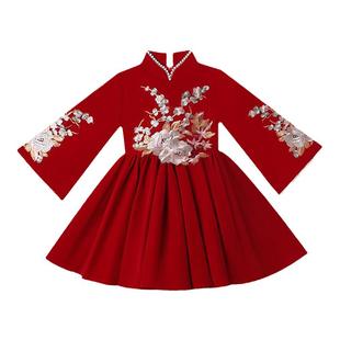 新年衣服女童冬季连衣裙儿童秋冬款裙子女孩汉服拜年服公主裙冬装