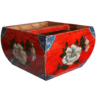 实木米斗手绘花摆件升子装饰花器中式仿复古做旧日进斗金招财好运